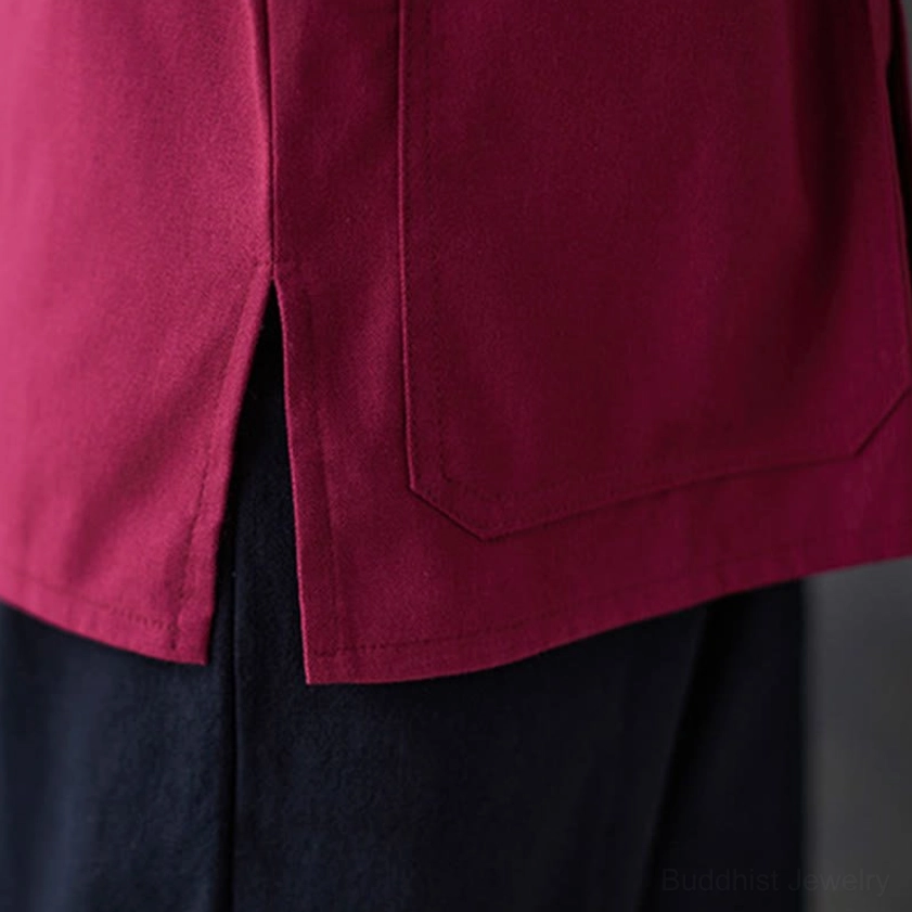 Women's frog-button meditation outfit showcasing relaxed silhouette perfect for yoga and tai chi