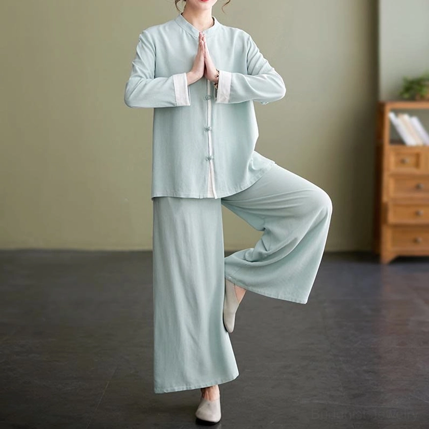 Green womens tai chi meditation cotton linen uniform two-piece set complete display