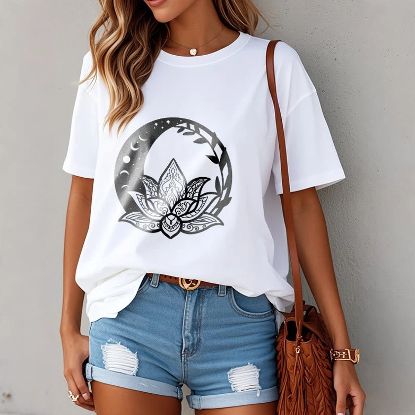 Women wearing white lotus crescent vine print Buddhist t-shirt denim shorts street style