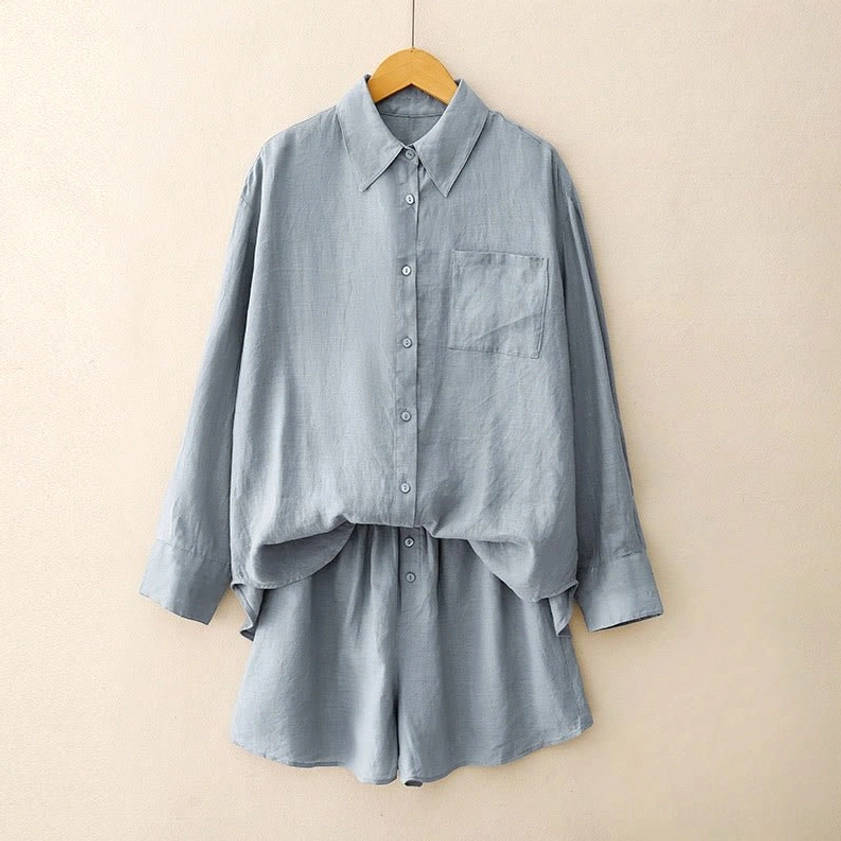 Women's meditation loungewear set in cornflower blue with long-sleeve button shirt and elastic waist shorts