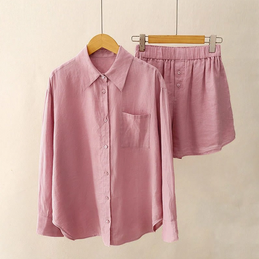 Women's pale violet red meditation lounge set with long-sleeve button shirt and elastic waist shorts, front view on mannequin