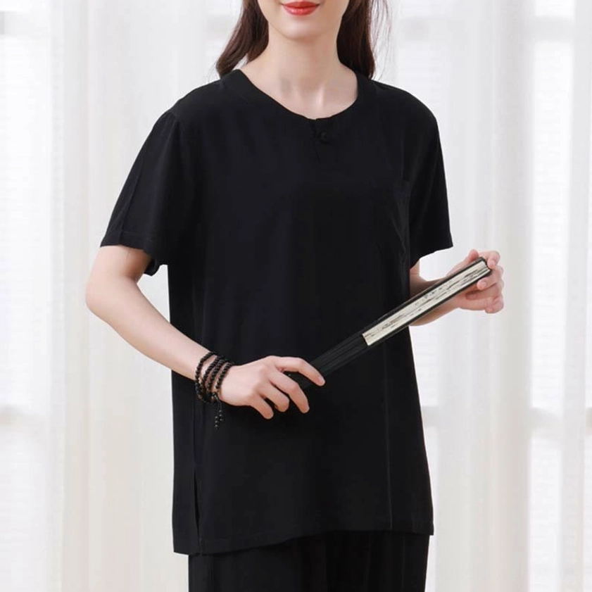 Black meditation practice clothing set showing loose fit design for comfortable spiritual practice