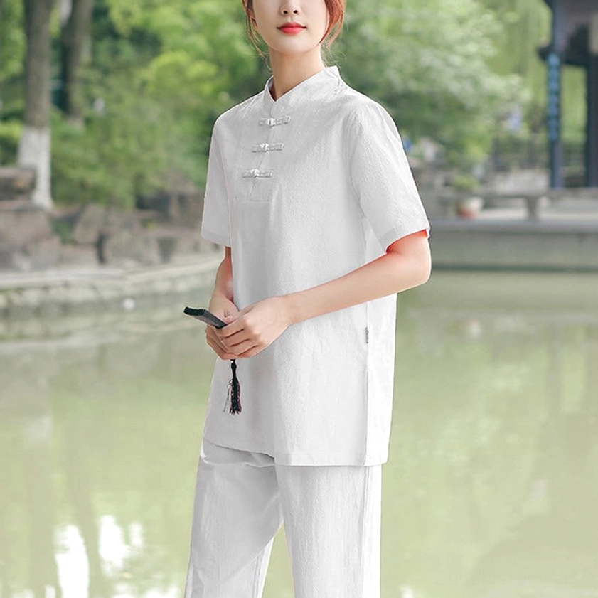 White women's meditation and tai chi two-piece set with stand collar showcasing traditional Buddhist wellness clothing