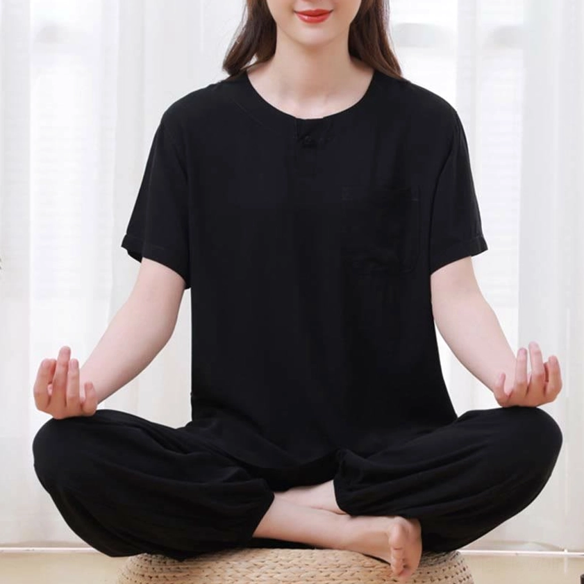 Navy women's meditation tai chi uniform set featuring handcrafted natural cotton fabric