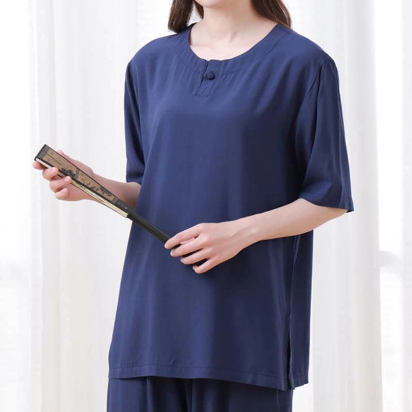 Black women's meditation tai chi uniform with half sleeve and comfortable elastic waist design