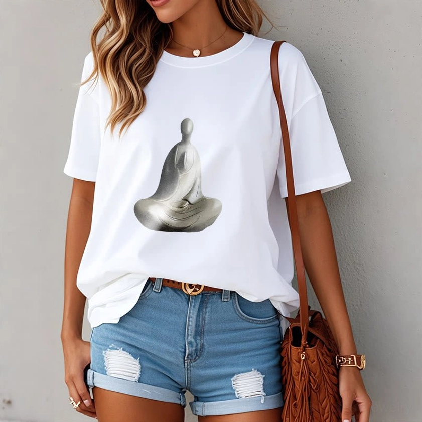 Women wearing white Buddhist t-shirt with formless Buddha design styled with denim shorts
