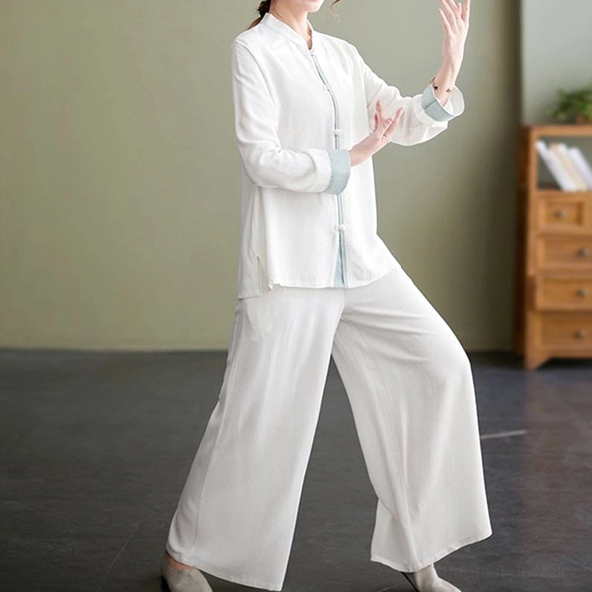 Women's tai chi practice uniform white with light blue cuffs, relaxed fit meditation clothing
