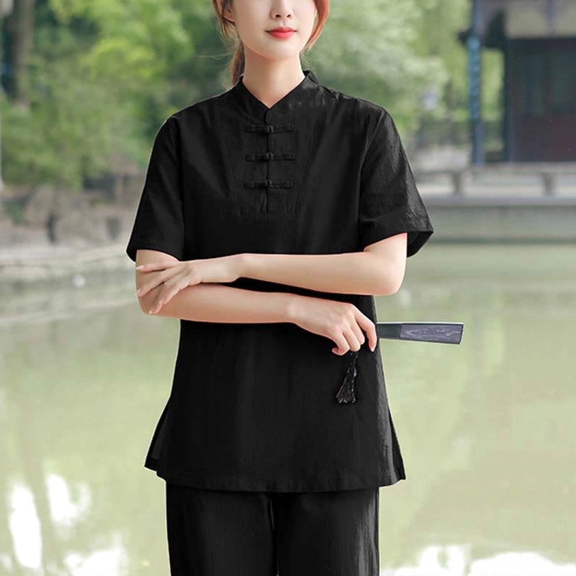 Black cotton-linen tai chi and meditation clothing set full-body front view with matching top and pants