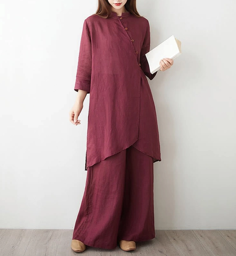 Burgundy linen tai chi suit front standard view with three-quarter sleeves and asymmetrical hem