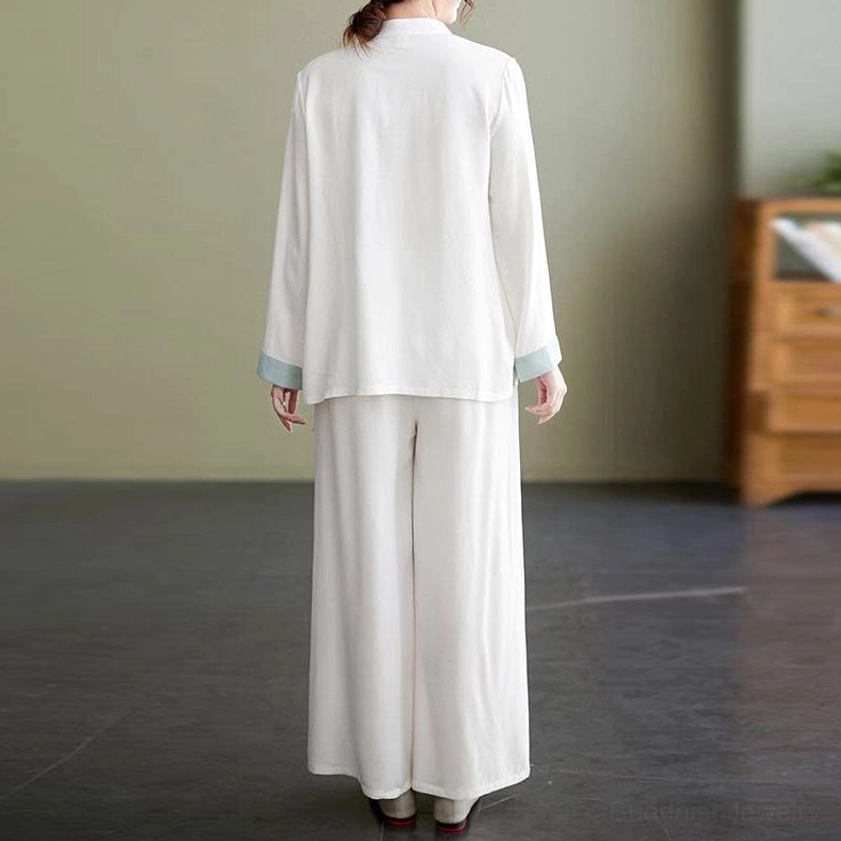 White cotton linen tang suit two-piece set back view, wide leg pants and long sleeve top