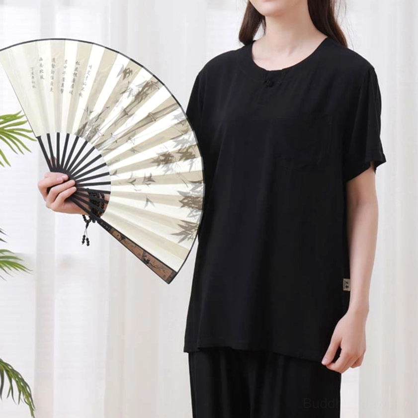 Navy tai chi meditation practice outfit with crew neck top and elastic waist pants