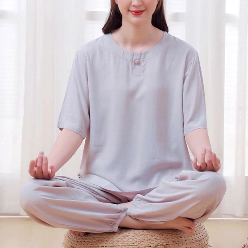 Black women's zen meditation tai chi set detail showing elastic waist and half sleeve construction