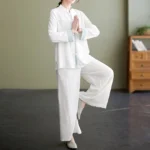 Women's white tai chi meditation cotton linen uniform set with light blue cuffs, front view with stand collar