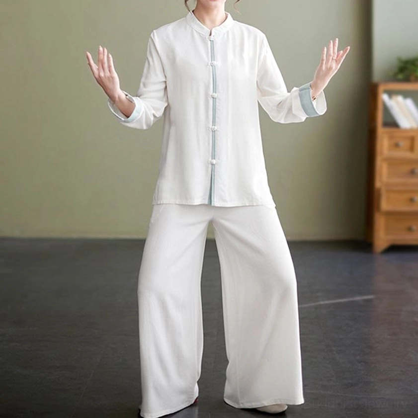 White zen meditation two-piece outfit for women, full front studio shot showing complete tai chi set