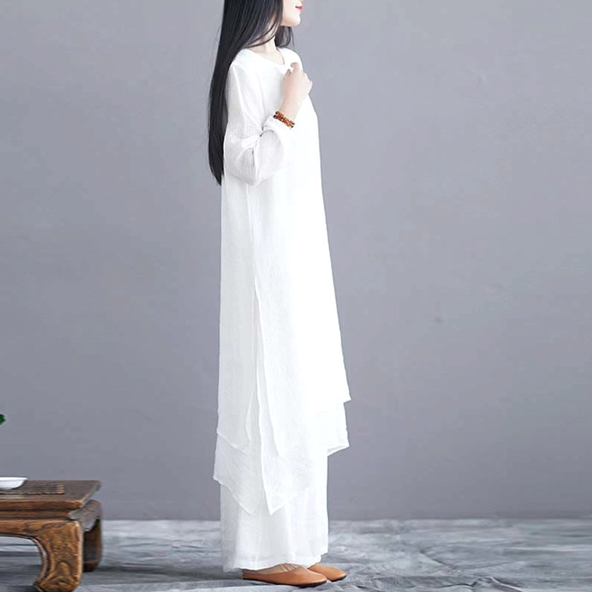 Left full side view of zen meditation wear set showcasing flowy linen-like fabric and loose fit