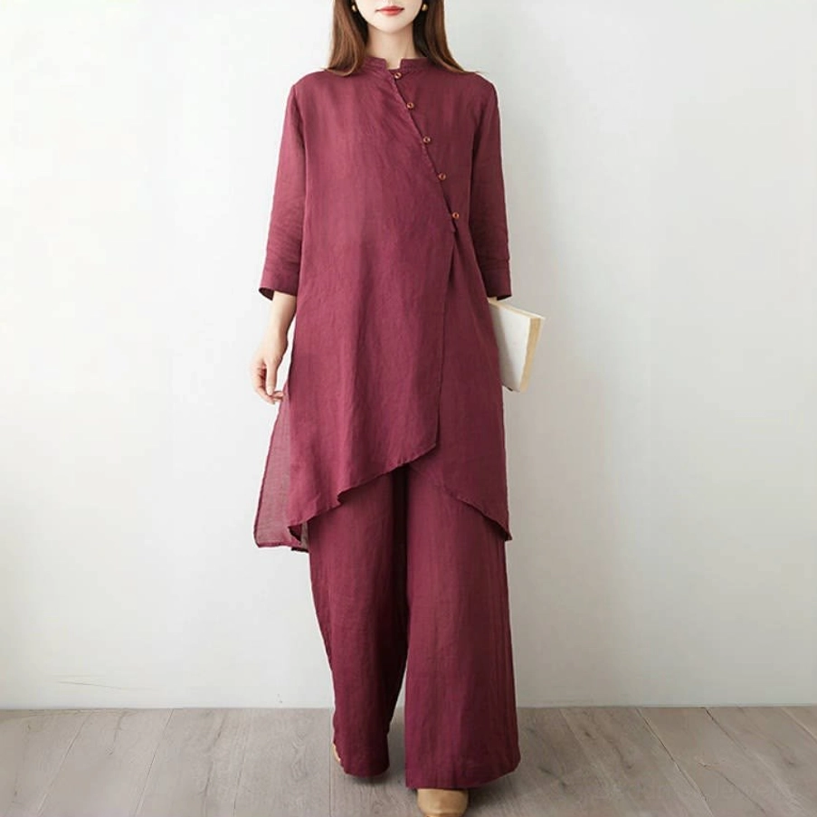Women's zen meditation outfit three-quarter view in burgundy linen with stand collar