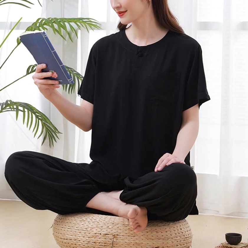 Black women's zen meditation tai chi cotton clothing set main product view