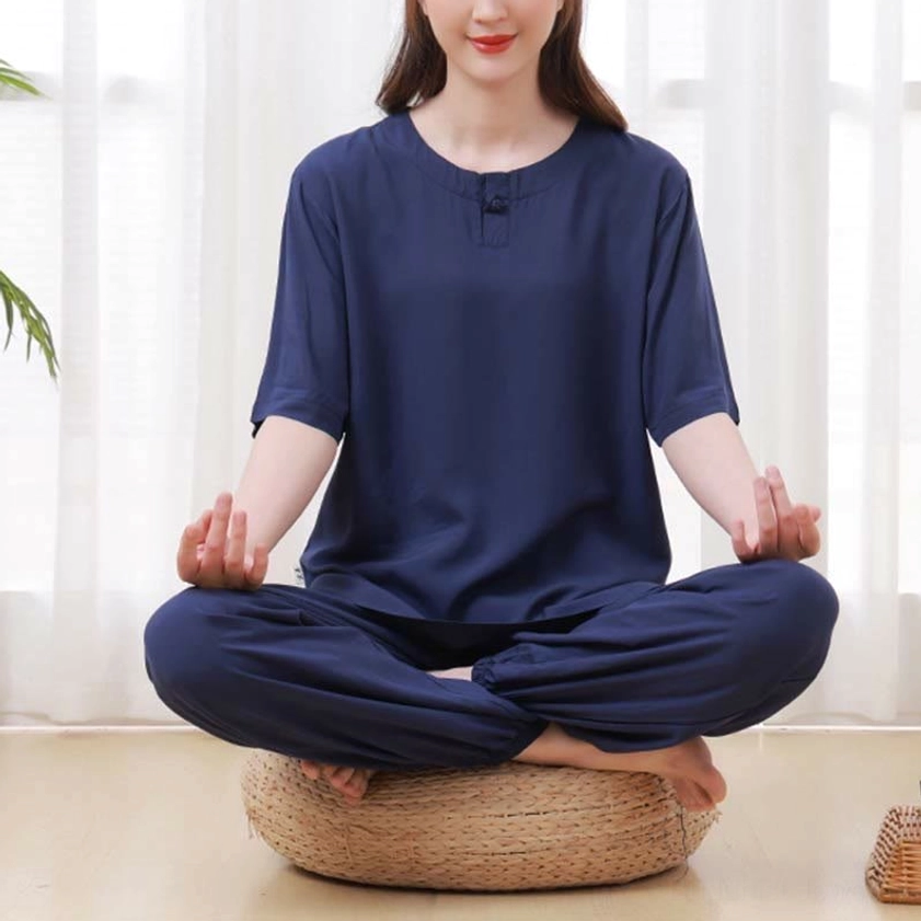 Navy women's zen meditation tai chi cotton clothing set complete two-piece ensemble