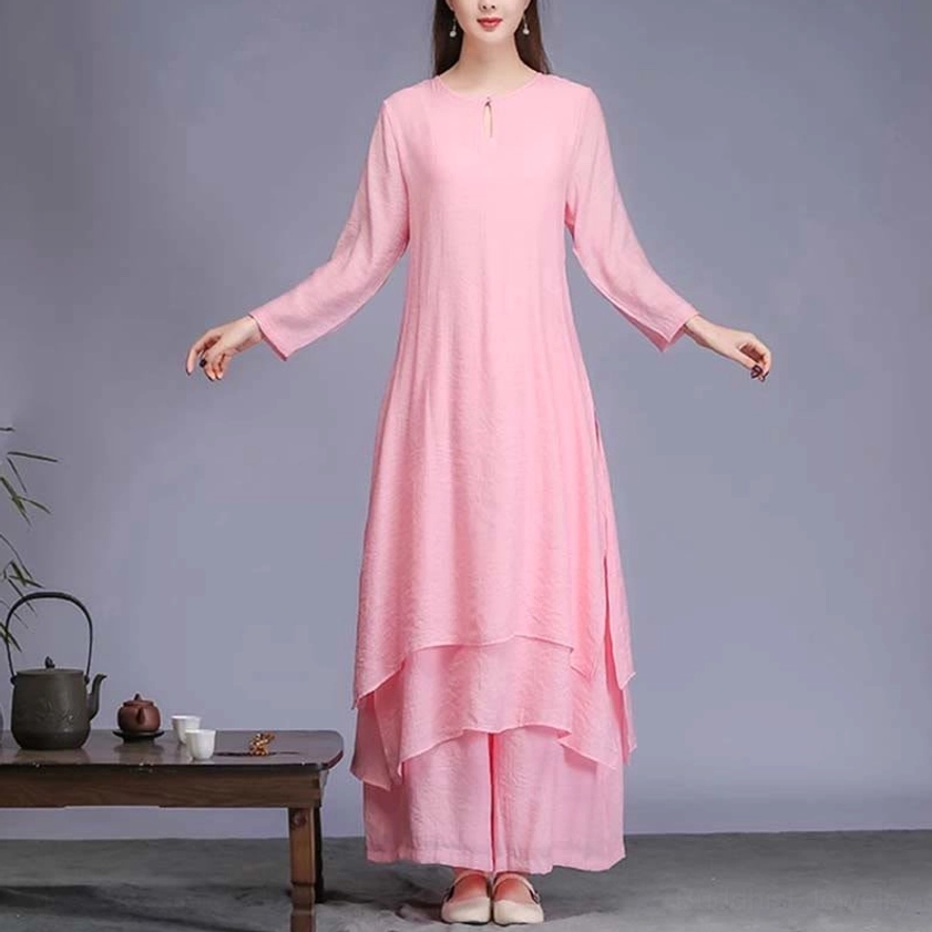 Women's pink zen meditation two-piece set with tunic and wide-leg pants for spiritual practice