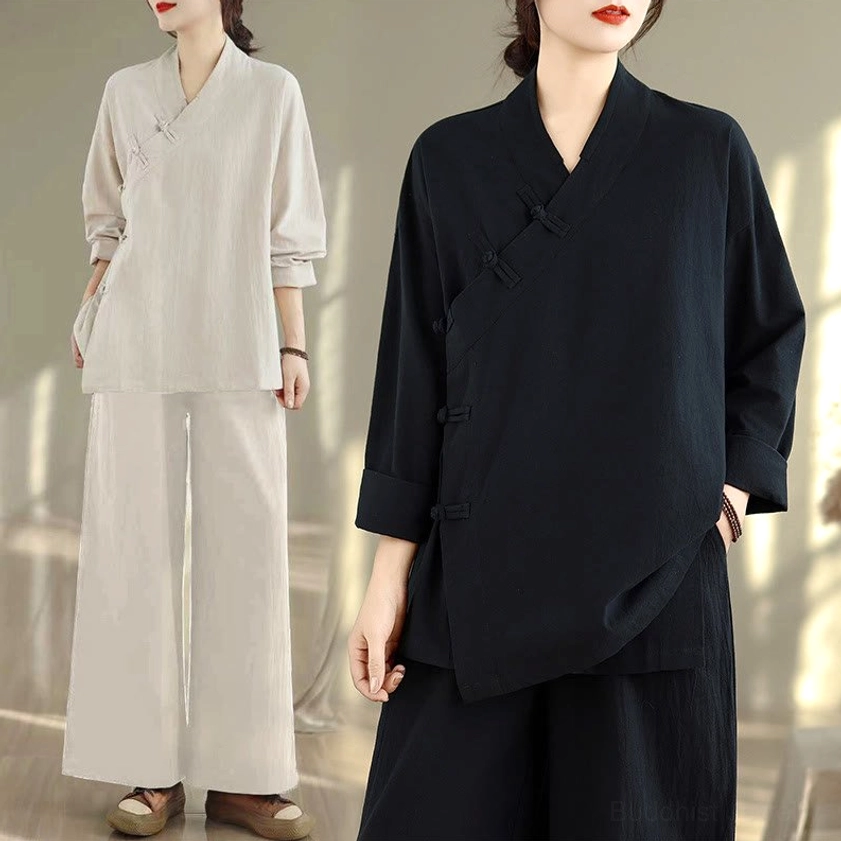 All-beige zen meditation yoga uniform full body back view showcasing plain design and comfortable wide-leg fit
