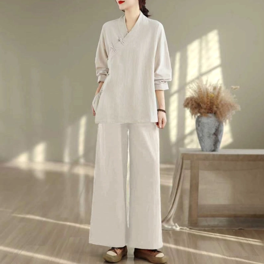 Women's zen meditation yoga uniform in beige full set with matching top and wide-leg pants front view