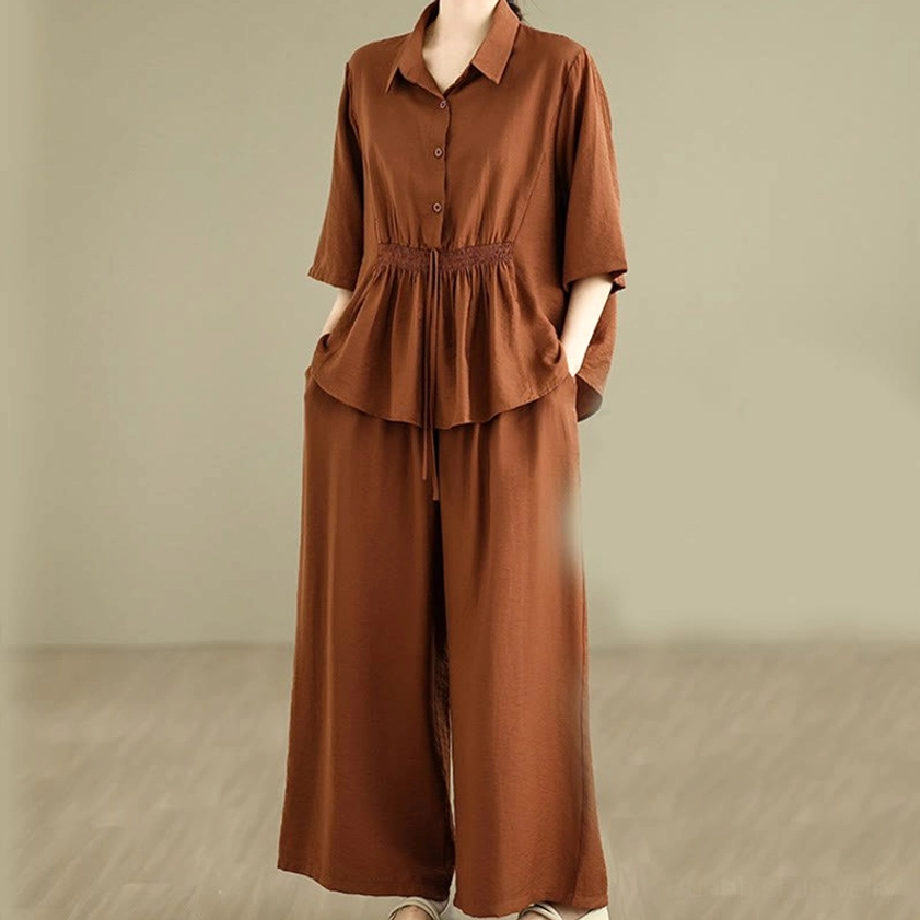 Casual women's meditation wear set - three-quarter front view with hands in pockets demonstrating relaxed fit