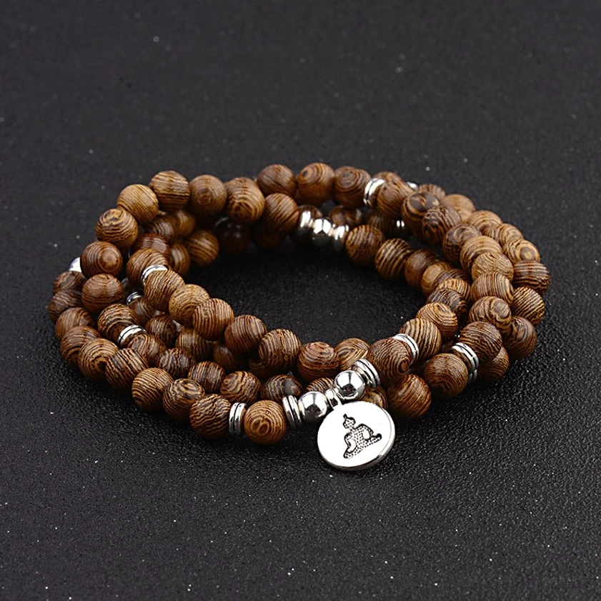 Handmade Buddhist meditation mala bracelet with mini Buddha pendant, natural wood beads protection bracelet