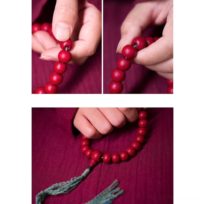 Abelia Biflora wood mala bracelet small beads close-up with fist and maroon robe sleeve styling