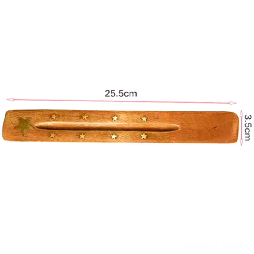 Handcrafted wooden incense holder dimensions marked 25.5cm x 3.5cm with gold star inlay