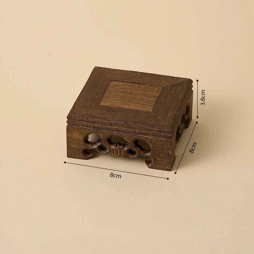 Wenge wood Buddha display base with size measurements, 8cm x 8cm x 3.8cm dimensions, top-down view with scale reference