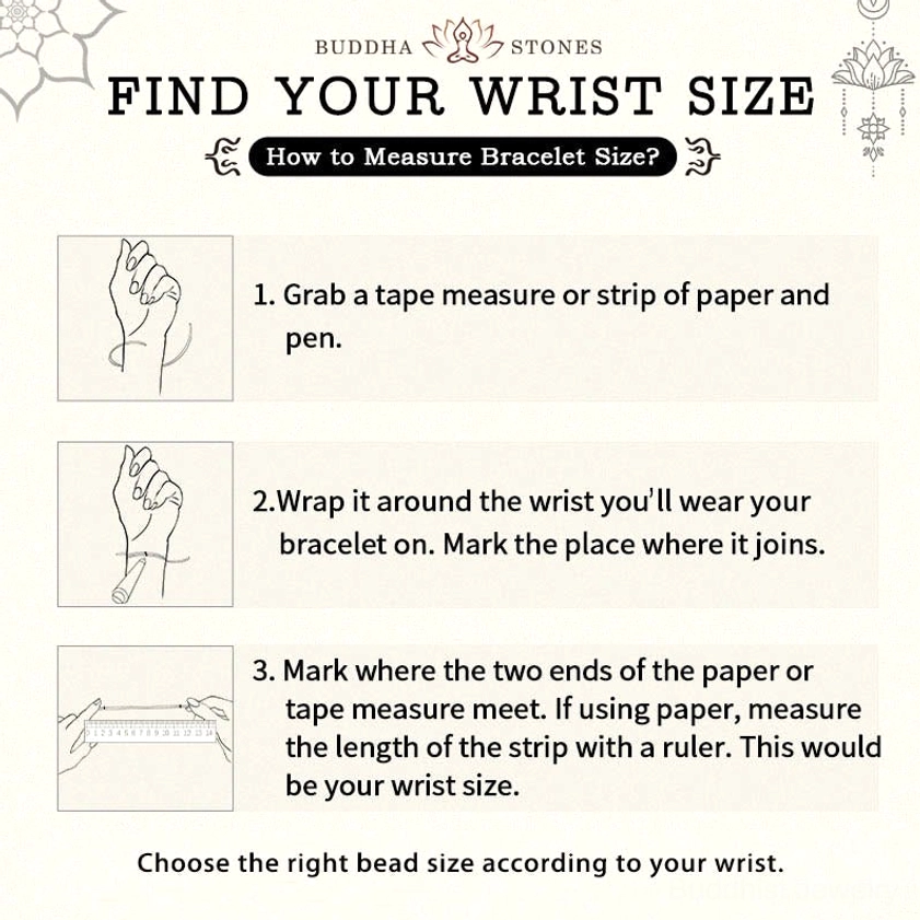 Step-by-step wrist measurement tutorial for determining correct bracelet size, with instructional illustrations for proper fitting