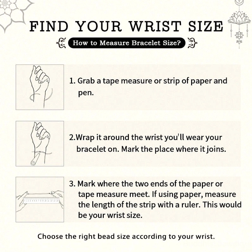 Wrist size measurement guide showing 3-step tutorial for measuring bracelet fit for 15-16cm circumference