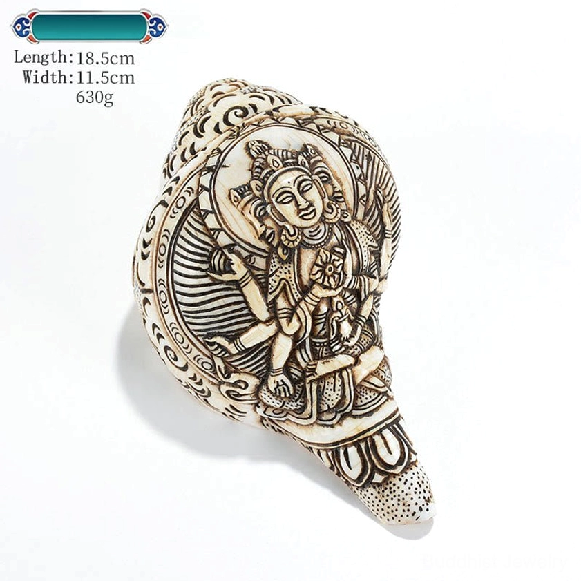 Yamantaka Buddha Hand-Carved Buddhist Conch Shell Sculpture with Protective Deity Imagery