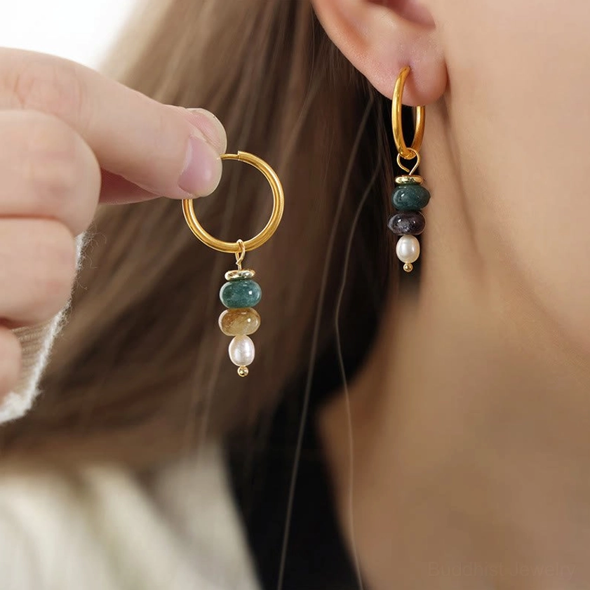 Yellow natural stone agate dangle earrings - titanium steel Buddhist earrings for positive energy and joy