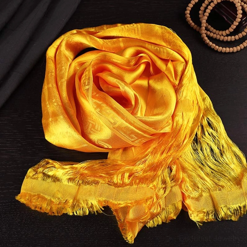 Yellow five-color Buddhist blessing khata scarf representing wisdom, with premium synthetic fiber and jacquard weave