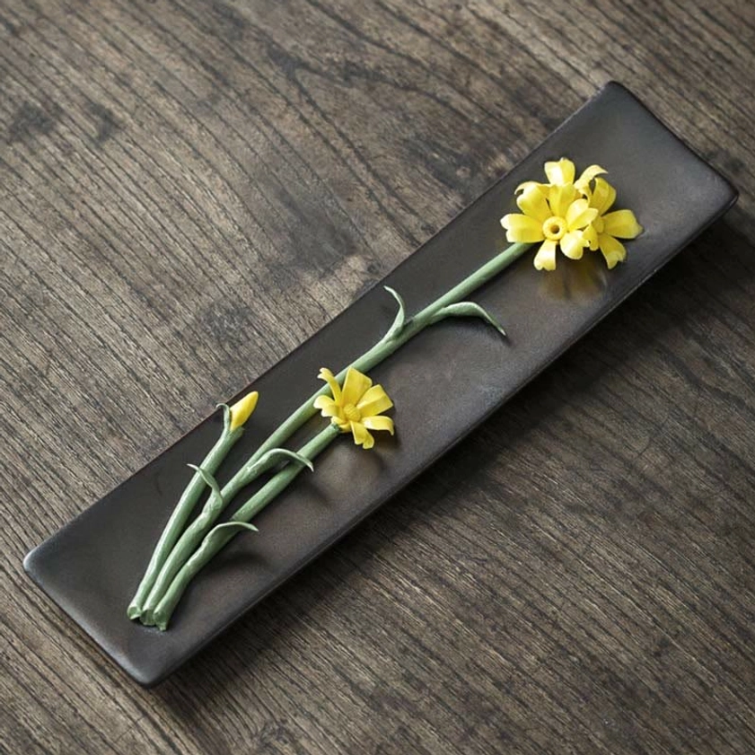 Yellow daisy ceramic incense burner bright floral design, spiritual practice support