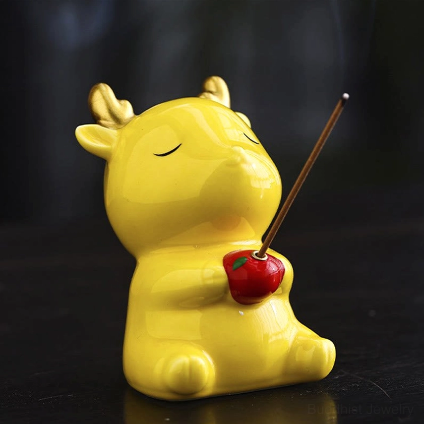Yellow Ceramic Deer Incense Burner with Golden Antlers - Cheerful Meditation Décor