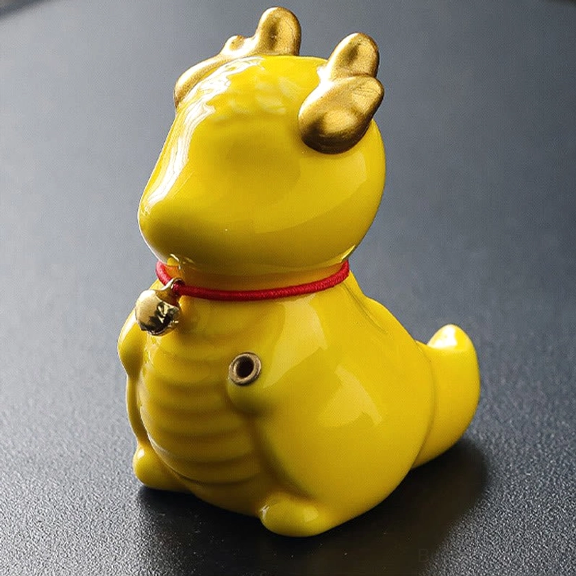 Yellow ceramic dragon bell incense burner large size front view with golden details and bell