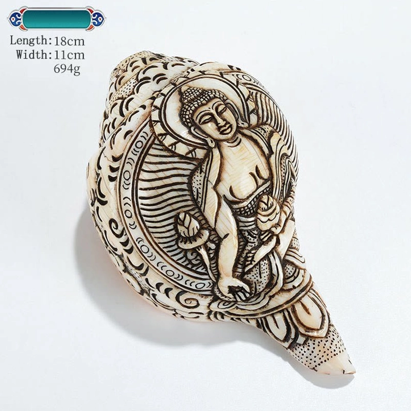 Yellow God of Wealth Engraved Tibetan Buddhist Conch Shell Sculpture for Financial Abundance