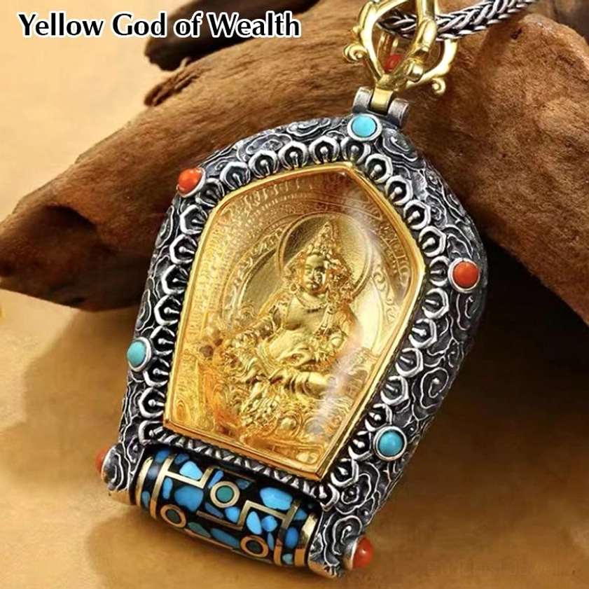 Yellow God of Wealth Natal Buddha pendant variant, handmade with aged silver frame and gold-plated prosperity deity carving