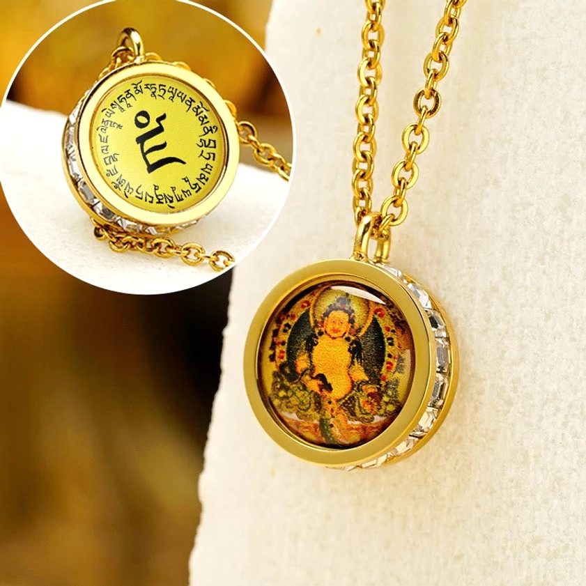 Yellow God of Wealth Buddhist deity titanium steel pendant necklace - double-sided design with gold frame and cubic zirconia accents