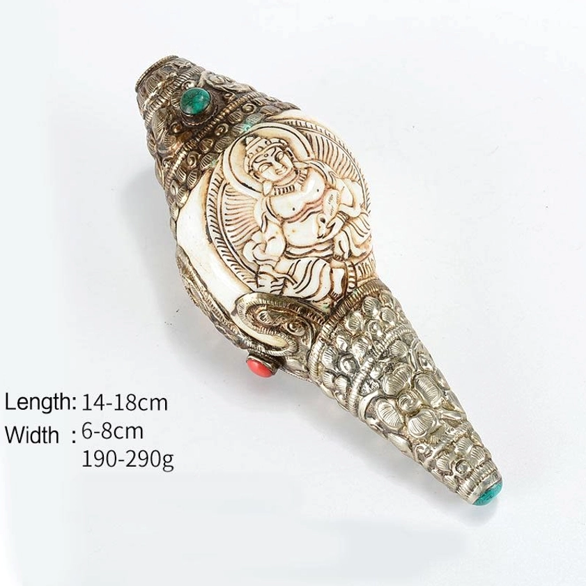 Yellow God of Wealth shankha conch shell hand-carved with prosperity symbols