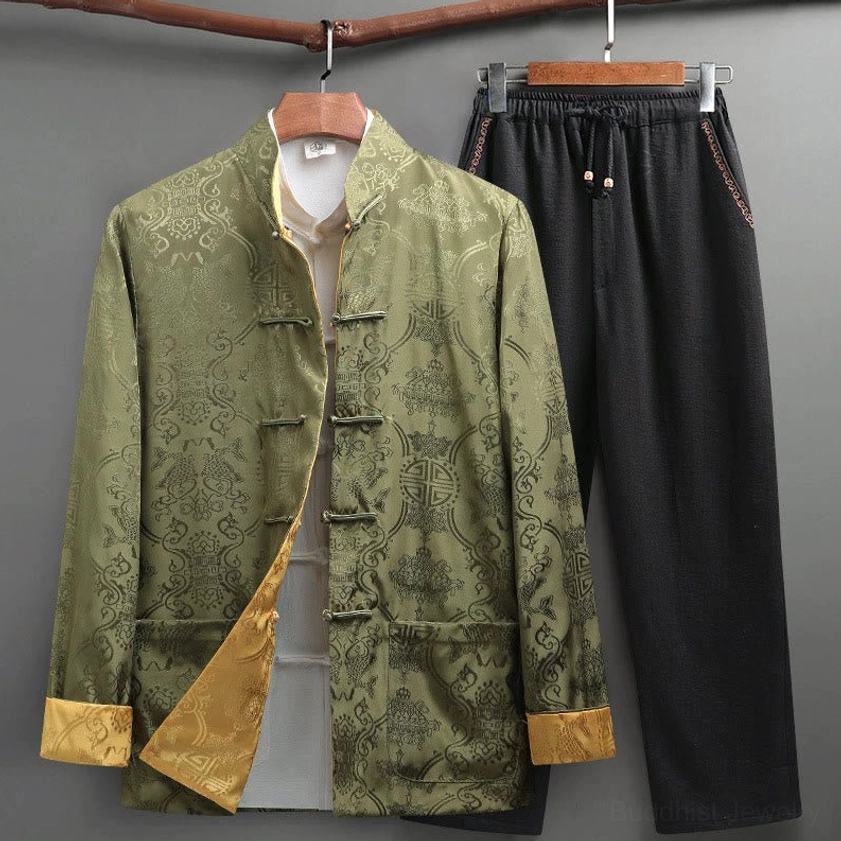 Yellow-green koi fish Tang suit set ideal for tai chi, kung fu, and meditation practice