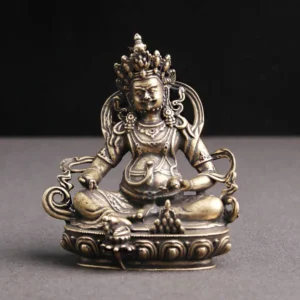 Yellow Jambhala Buddha copper statue front view, hand-carved with ornate crown and lotus base, antique bronze patina finish