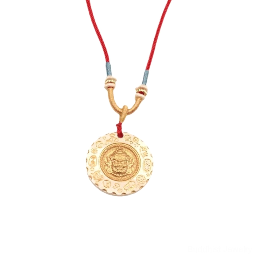 Yellow Jambhala Buddhist prosperity pendant with adjustable rope closure, featuring hand-engraved mantras for wealth and spiritual protection