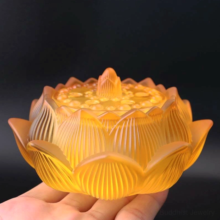 Yellow Lotus crystal incense burner in warm amber yellow with detailed petal carvings and frosted matte glass finish