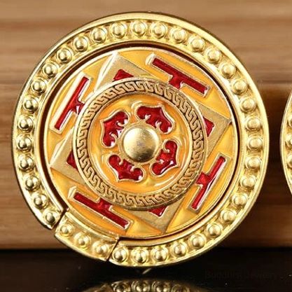 Yellow mandala Buddhist phone ring holder, handcrafted with sacred geometry for wisdom and inner peace