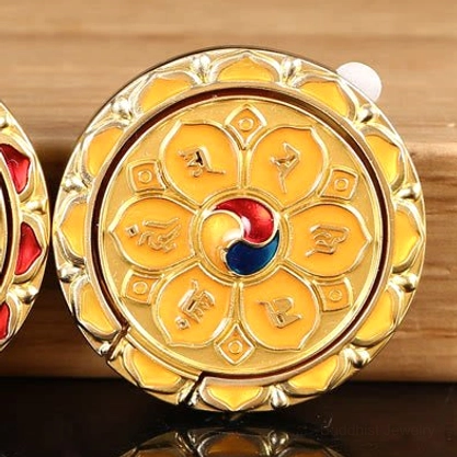 Yellow mandala Buddhist phone ring holder with sacred geometry, promoting wisdom and spiritual awakening