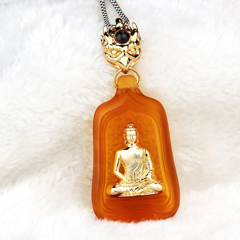 Yellow Medicine Buddha Buddhist necklace pendant with metal chain and frosted yellow glass - product display
