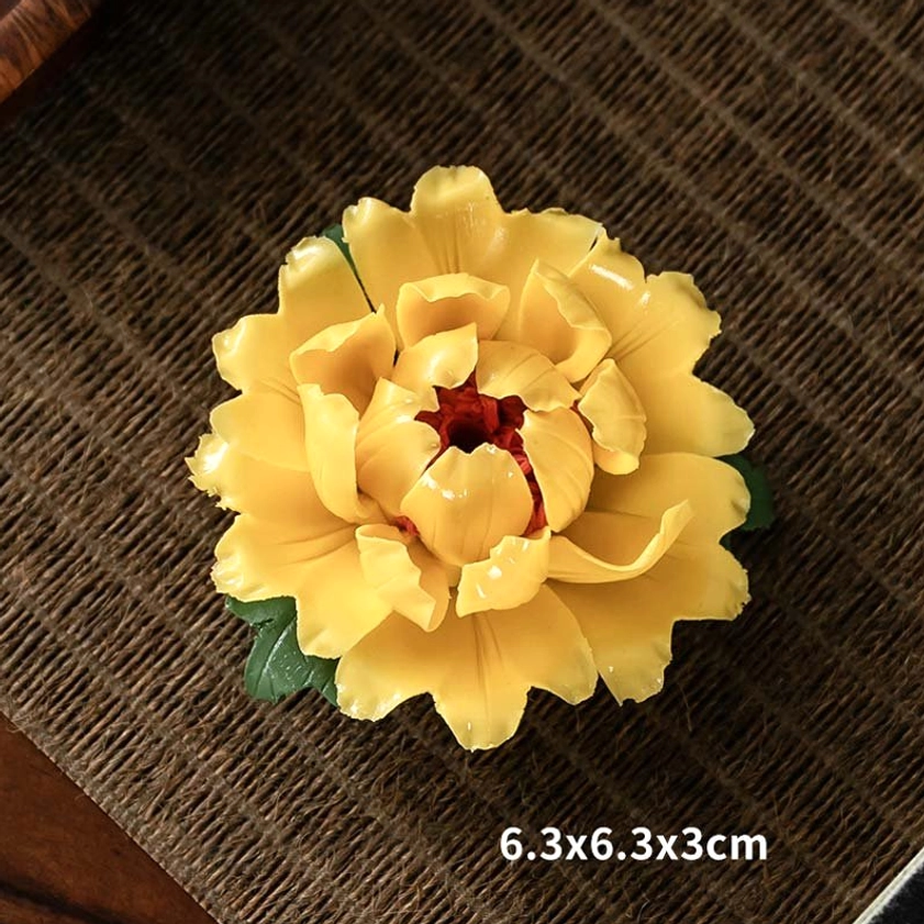 Yellow peony ceramic incense holder with vibrant glaze finish